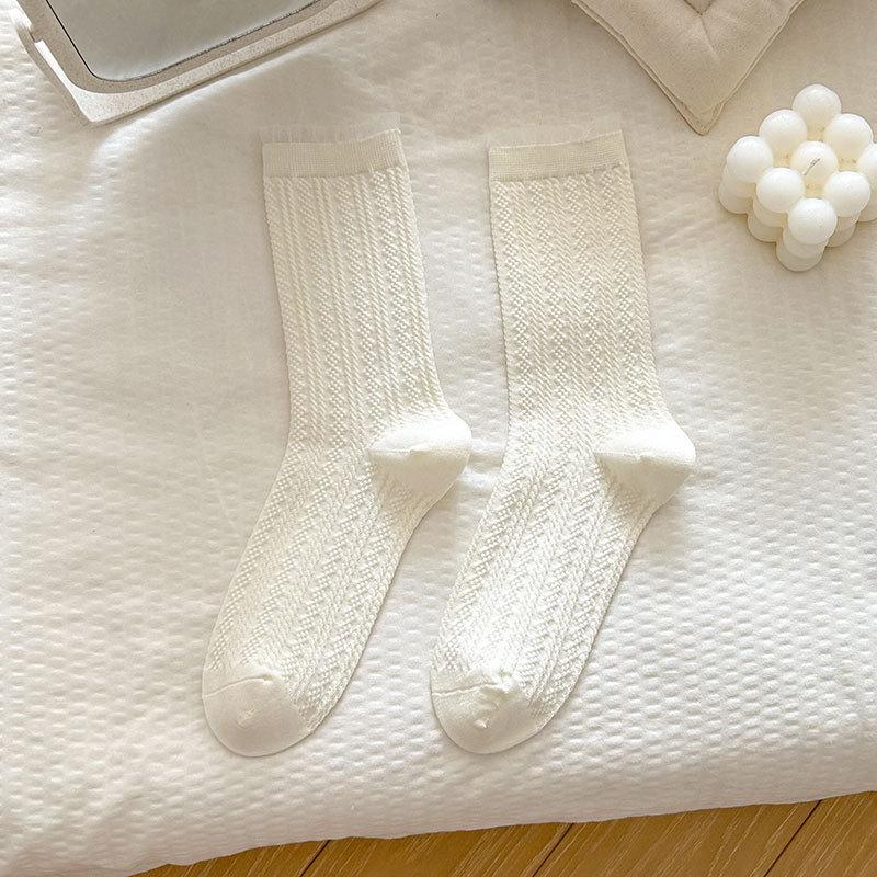 Женские носки, тонкие кремовые милые носки до середины икры с бантом, в горошек, с кружевом в форме сердечек, на весну и осень