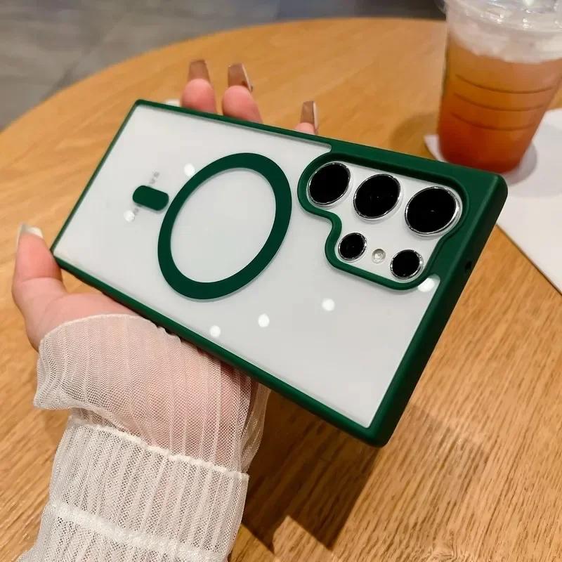 Frosted Frame Magnetic Magsafe Cases For Samsung Galaxy S24 S23 S22 Ultra Plus Wireless Charging Acrylic Bumper Cell Phone Cover