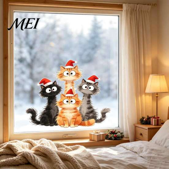 Indoor Outdoor Holiday Decor Christmas Window Cling, Cartoon Cats Sticker with Santa Hat, Removable Durable Sunproof Glass Stickers PVC Static