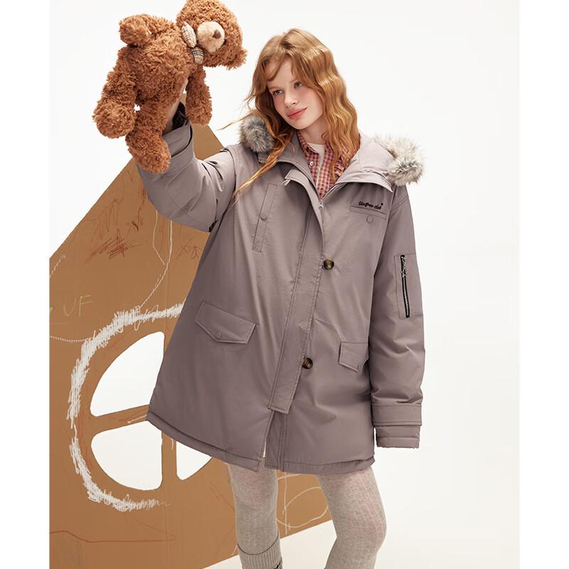 unifree Retro Loose Hooded Down Jacket with Fur Collar