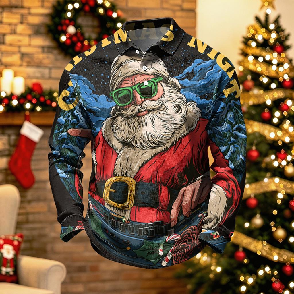 Men's Long Sleeve Golf Shirt Quick-Dry Mesh Casual Top with Christmas Print for Holiday Wear