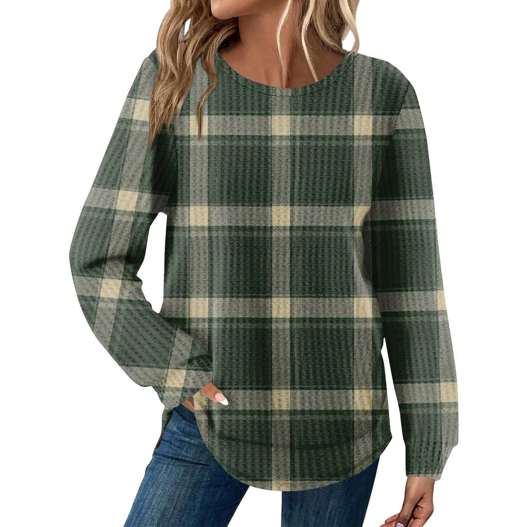Женский повседневный топ свободного кроя с круглым вырезом и длинными рукавами в клетку