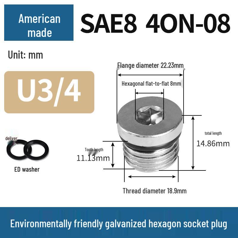 Шестигранная пробка SAE, Углеродистая сталь, Оцинкованная, Различные размеры
