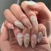 24Pcs Pink Almond False Nails Butterfly Ballet with French Design Wearable Fake Nails Simple Artificial Press On Nails Tips Art