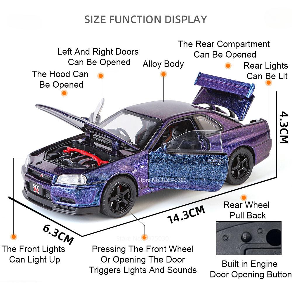 1:Масштаб 32 SKYLINE GTR R34 Спортивный Автомобиль Модель Игрушка Металл Литье под Давлением Оттяжка Свет Музыка 4 Двери Открываются Транспортные Средства Украшения Подарки