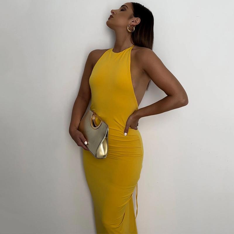 Женское летнее праздничное клубное вечернее платье без рукавов с открытой спиной, элегантное платье макси с рюшами и лямкой на шее