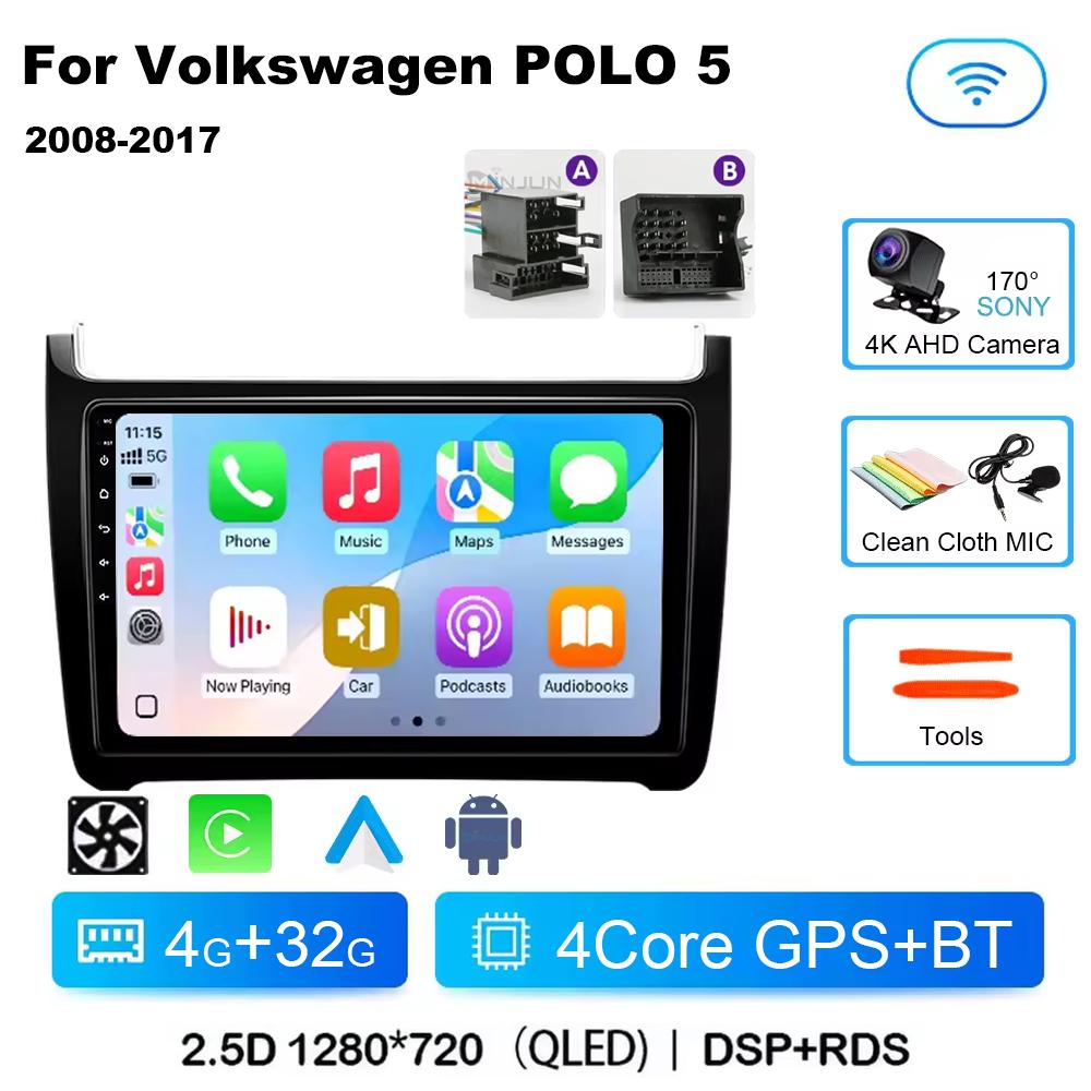 Автомагнитола для VW Volkswagen POLO 5 2008-2017 Vento Беспроводной Carplay Android 14 Авто Автомагнитола стерео DSP 2 Din 4G WIFI QLED