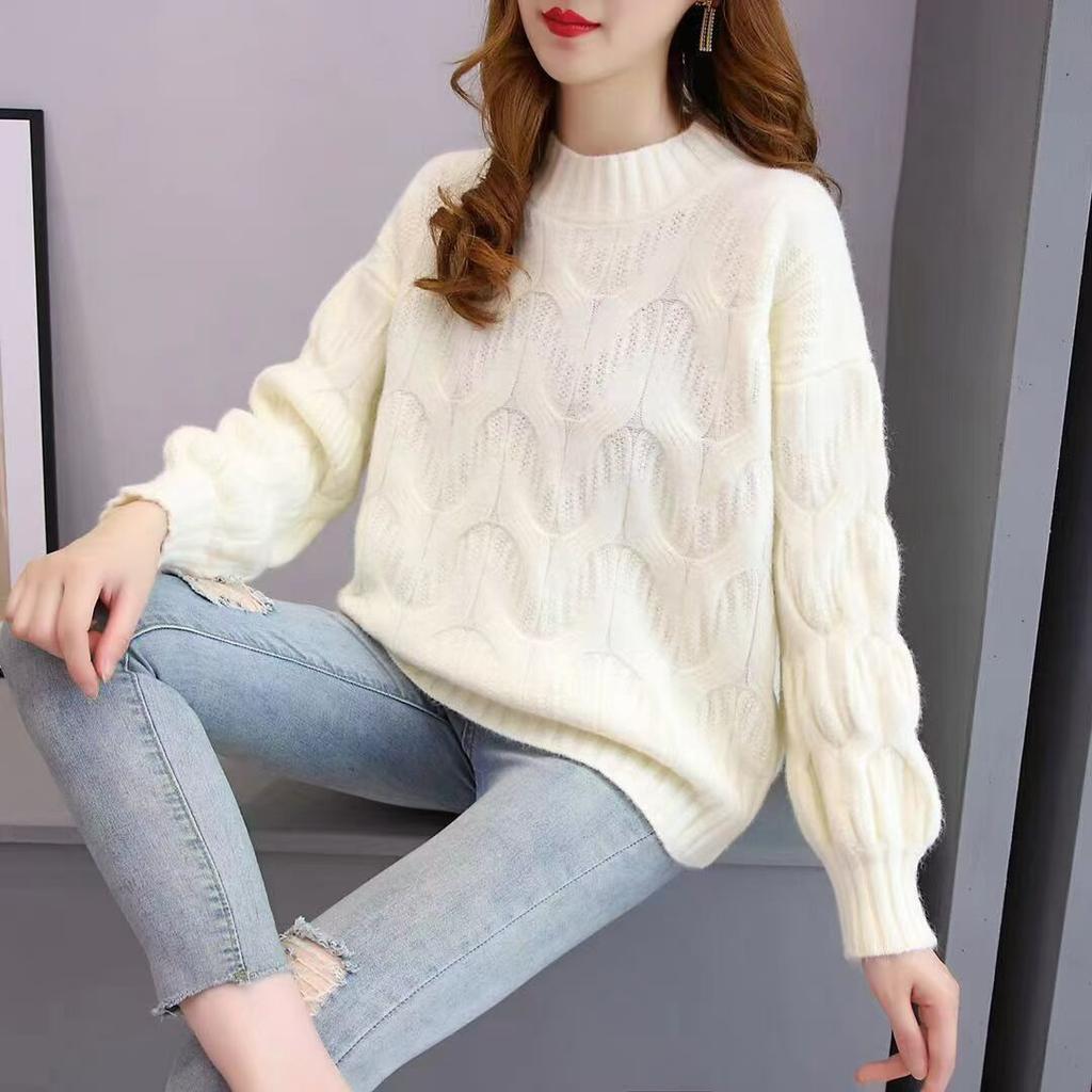 Lantern Sleeves Round Neck Twist Sweater Female Daily Casual Autumn and Winter Korean Version of Loose Thickened Twist Pullover Knitted Sweaters