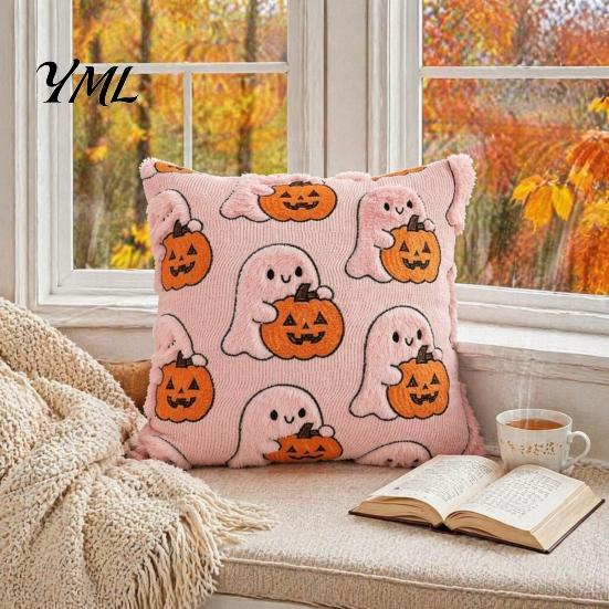 Holiday Throw Pillow Covers Ghost Pumpkin Cushion Cover, Halloween Cute Cozy Bedroom Cover Embroidered Case, Soft Plush Pillowcase for Couch Sofa Gift