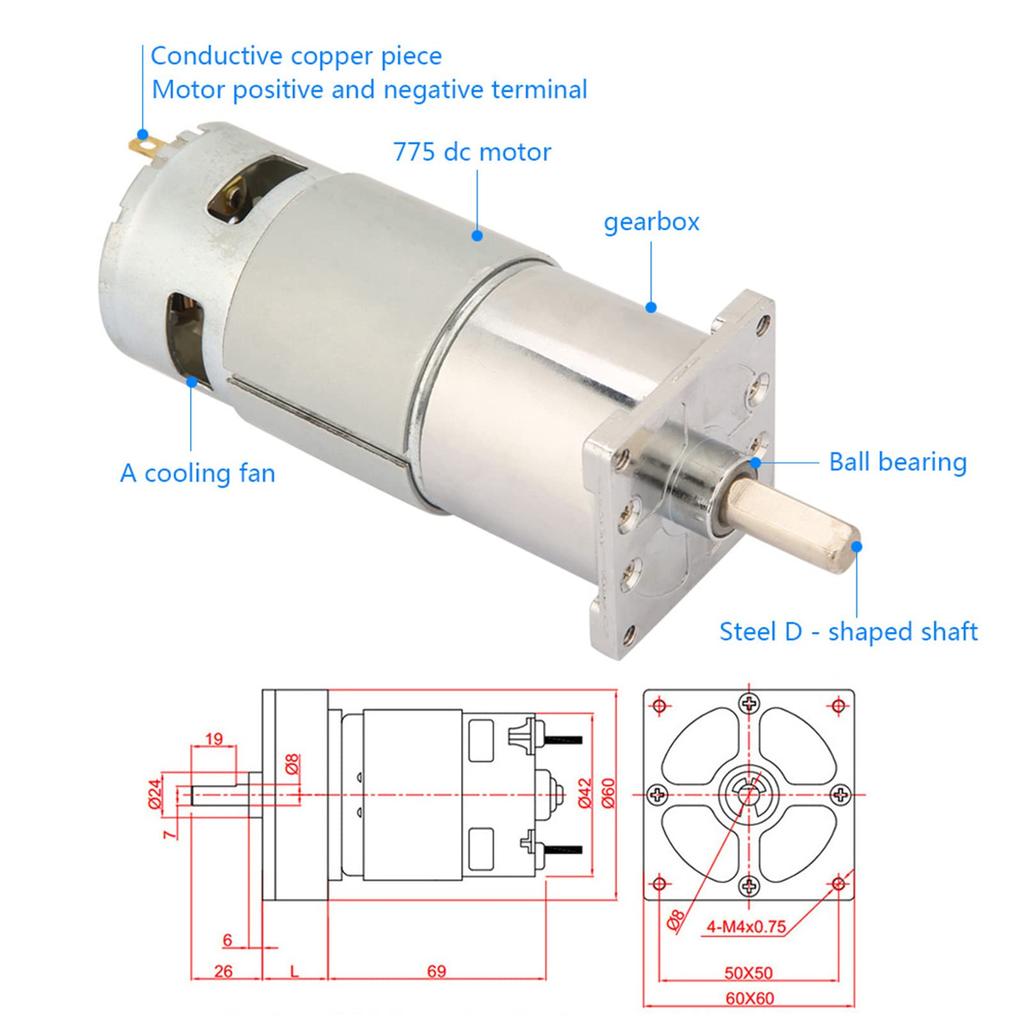Регулируемый мотор-редуктор постоянного тока 35 Вт Микромотор постоянного тока Коллекторный двигатель постоянного тока Мотор, 12 В/24 В Скорость CW/CCW XD-42GA775 2-полюсный (200 об/мин 12 В)