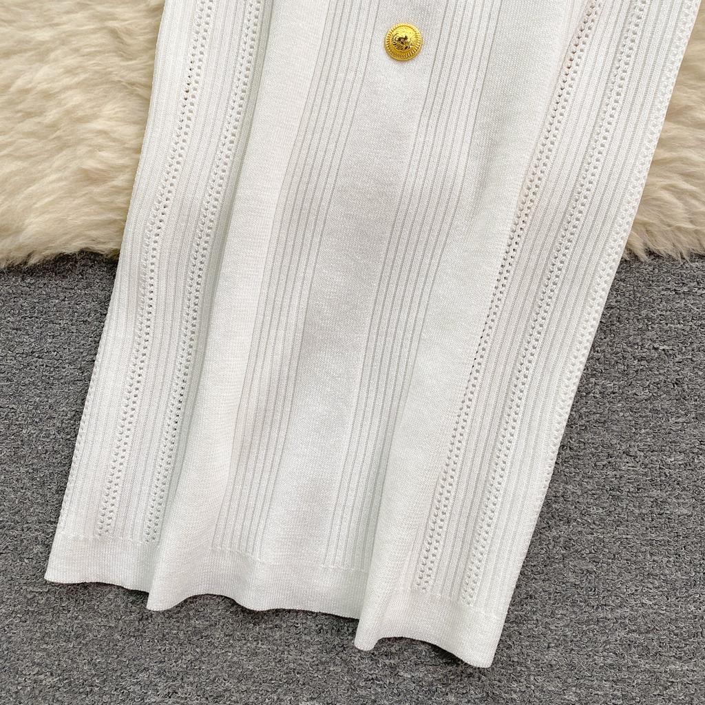 Summer Women Gold Button Knitted Sweater Outfits Short Sleeve Pullover Top and Midi Bodycon Skirt Two Piece Set