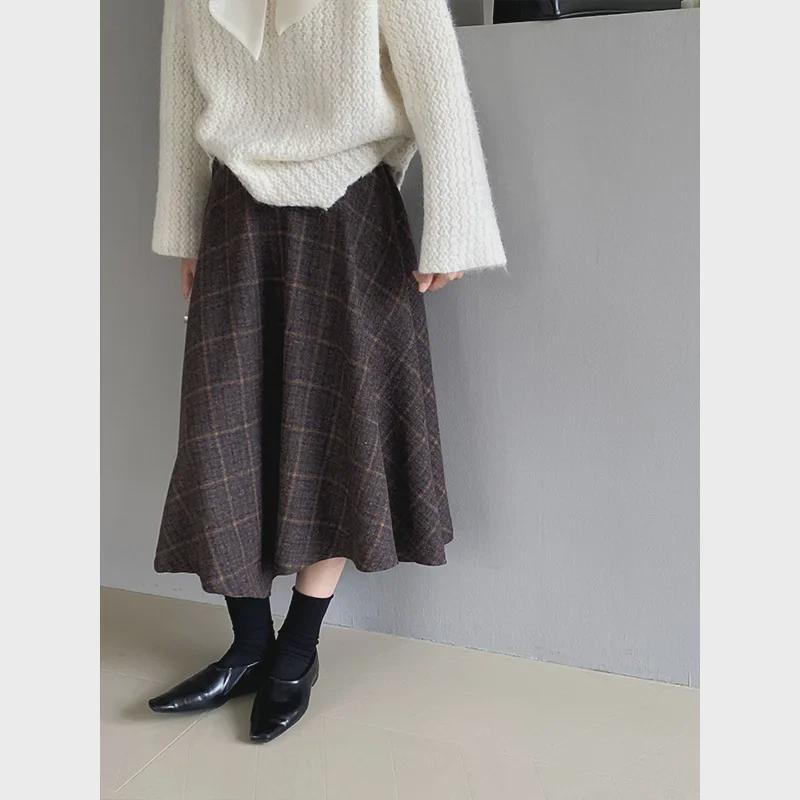 Jiangzuo 3D Cut Retro Wool Plaid Skirt 6167