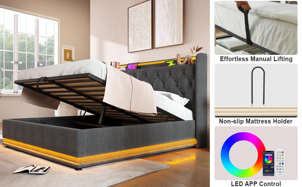 Upholstered Double Bed, 360 LED, Button/App/Remote, 140*190 cm, Grey Linen Hydraulic Storage Bed, Headboard, USB Type-C Charging (Without Mattress)