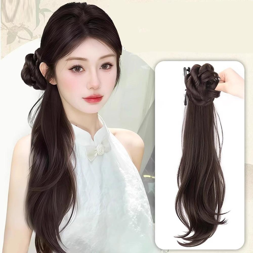 45cm Chinese Style Side Synthetic Ponytail Braids Wig Clip Women Natural Curly Fluffy Hair Extension