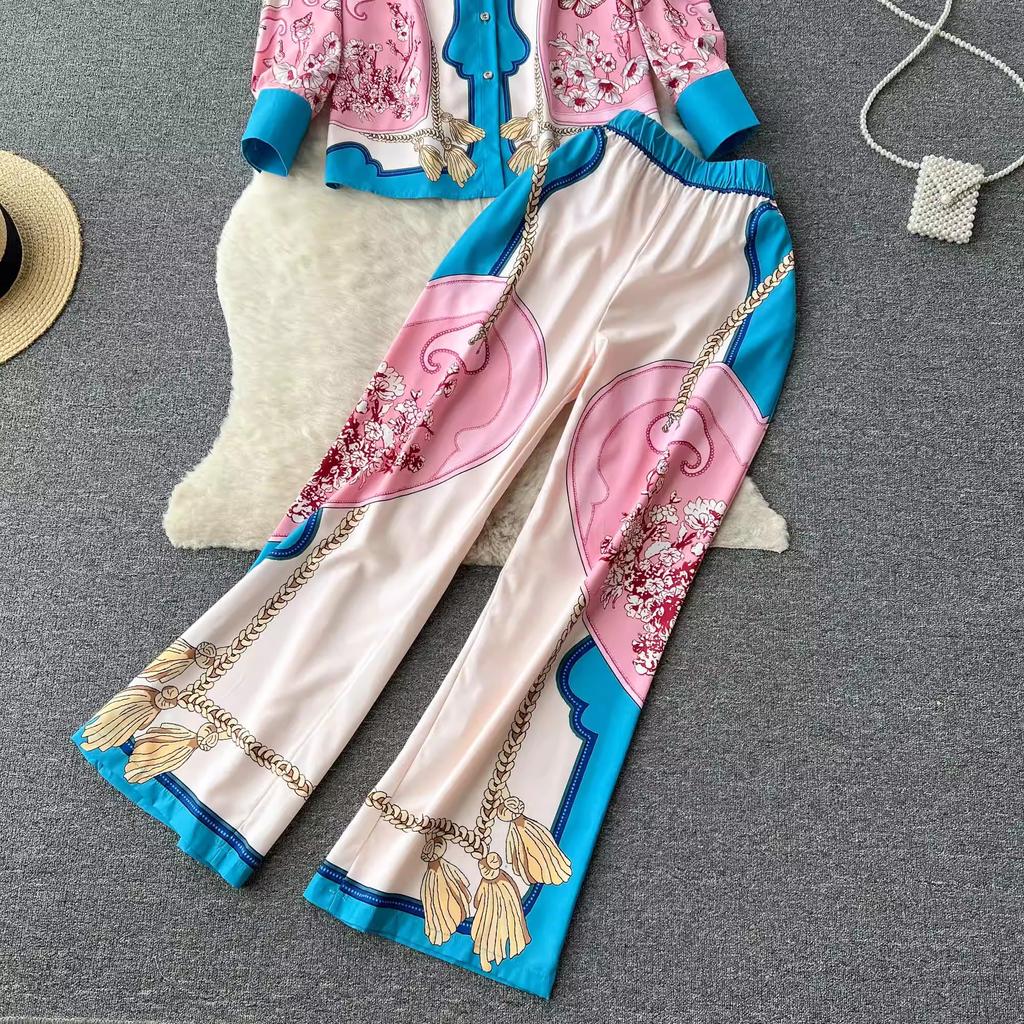 Spring Autumn Runway Designer Chain Flower Print Two Piece Set Women Long Sleeve Shirt Top And Elastic Waist Wide Leg Pant Suit