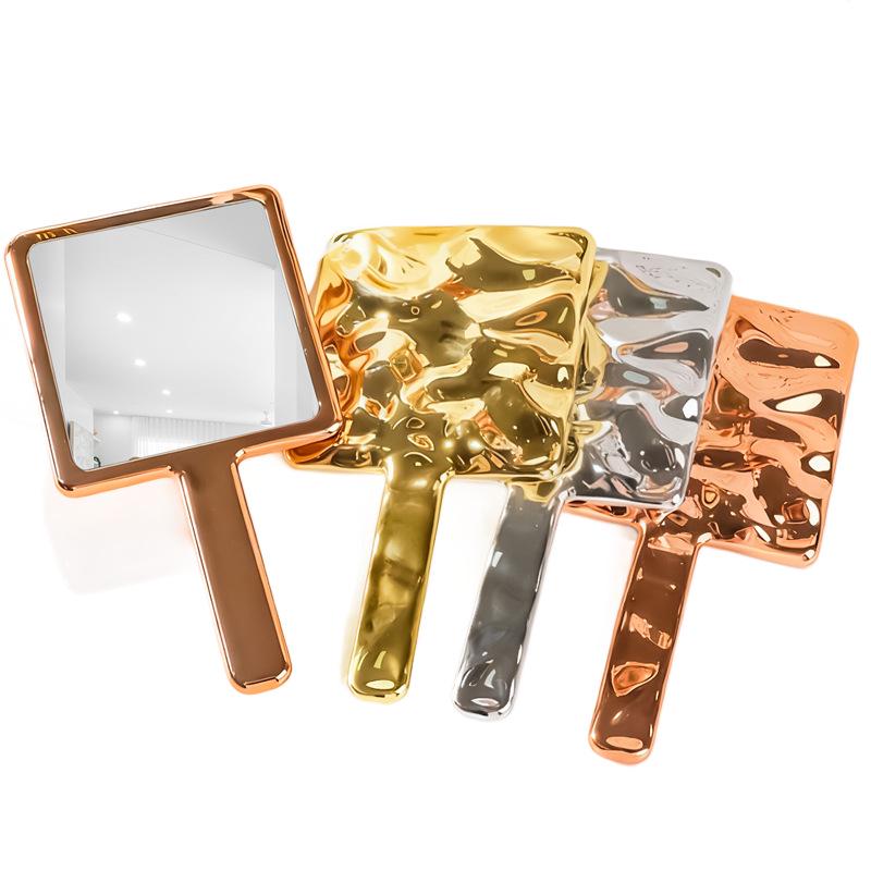 Electroplated Portable Handheld Makeup Mirror with Water Ripple Design and Customizable Logo for Students