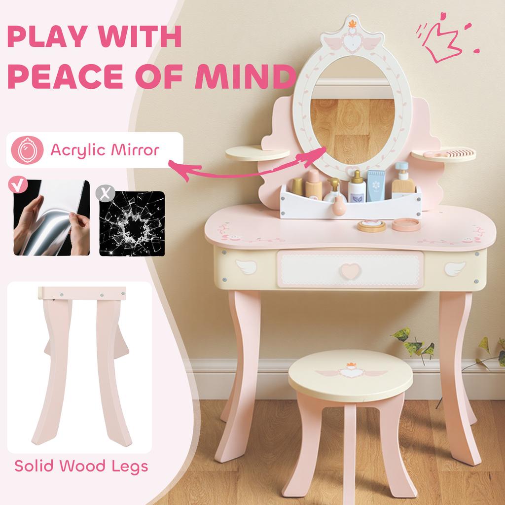 Kids Dressing Table Girls Vanity Set With Mirror And Stool 7 Play Accessories Drawer Desktop Storage Pink