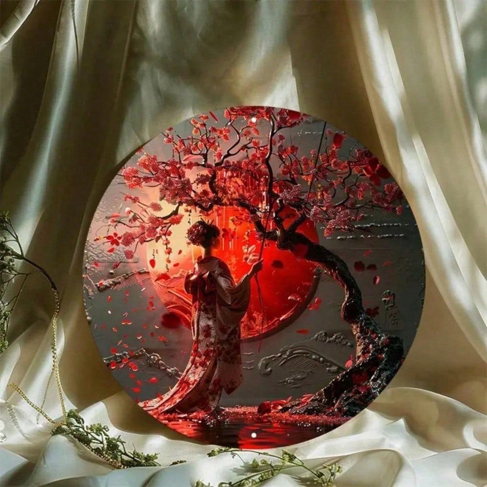 Круглая металлическая настенная art 8x8 дюймов Японская женщина Кимоно Цветок вишни Винтажный Декор для дома Устойчивый к УФ царапинам Подвесной знак