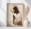 Jezus W Modlitwie - Złota Aureola Jezus W Modlitwie - Złota Aureola, 70X100 Cm, Rama Drewniana Jasny Dąb, Papier Matowy 230 Gsm