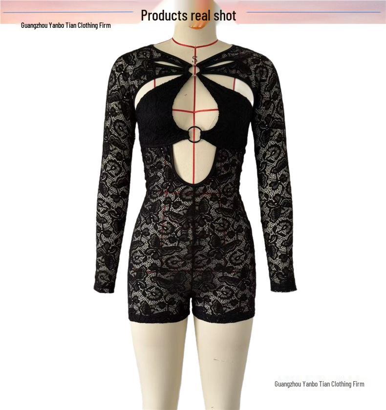 Chic Lace Hollow-Out Slim-Fit Jumpsuit with Long Sleeves