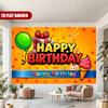 Vibrant Cheerful Cartoon-Style Birthday Scene with Gift Box, Balloon, Ice Cream Cone and Starburst Confetti, Happy Birthday Bold Lettering