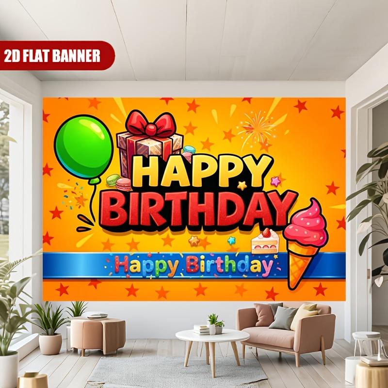 Vibrant Cheerful Cartoon-Style Birthday Scene with Gift Box, Balloon, Ice Cream Cone and Starburst Confetti, Happy Birthday Bold Lettering