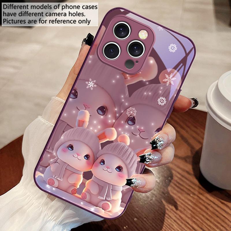 Милые розовые кролики-близнецы Для iPhone 16 E 15 14 13 Plus 12 mini 11 Pro Max XR Xs Max X 7 8 6 6S 2022 Закаленное стекло Чехол для телефона