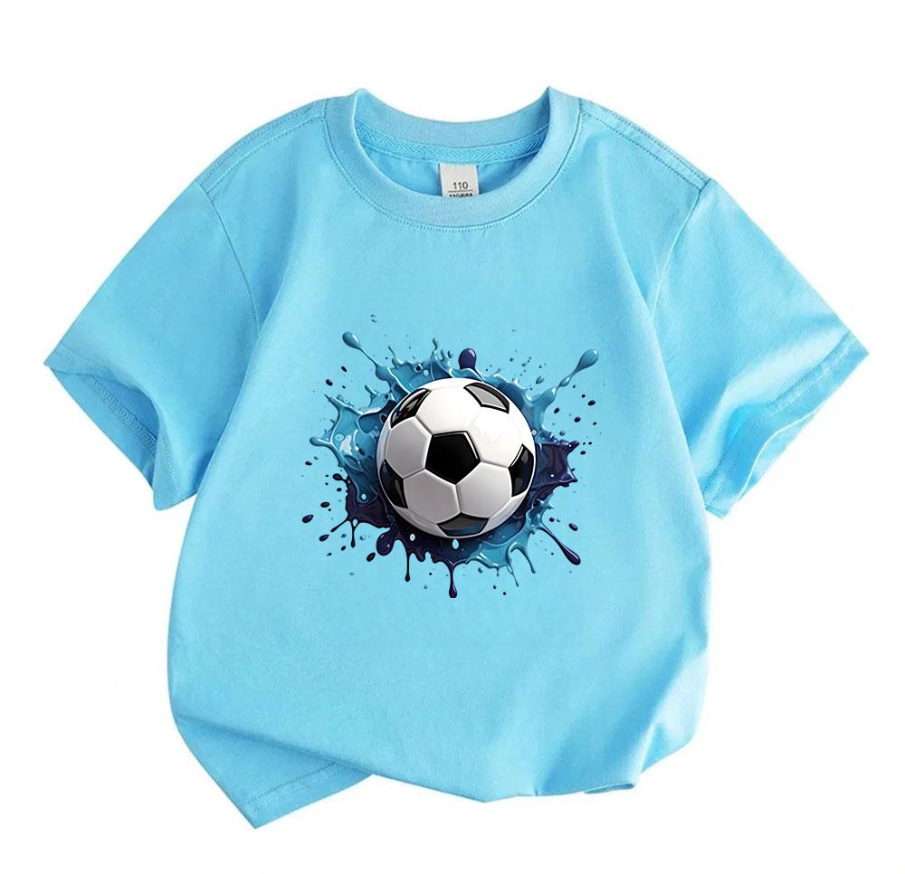 Kids Boys Girls 100% Cotton Crew Neck Short Sleeve T-Shirt, Classic Soccer Ball Blue Ink Splash Pattern Casual Soft Breathable Tee for Daily Outdoor S