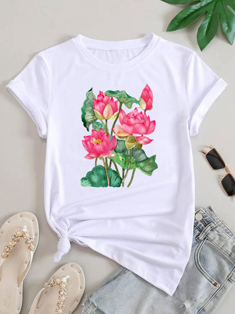 (Asian Size) Women Letter Flower Lovely Cute Tee Top Clothing Casual Short Sleeve T Shirt Fashion Print Lady Female Graphic T-shirts