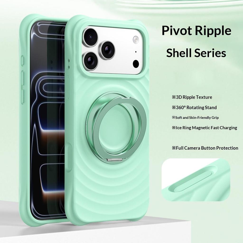 For iPhone 17 Pro Magnetic Case Rotating Kickstand Ripple Texture Liquid Silicone Shockproof Phone Cover