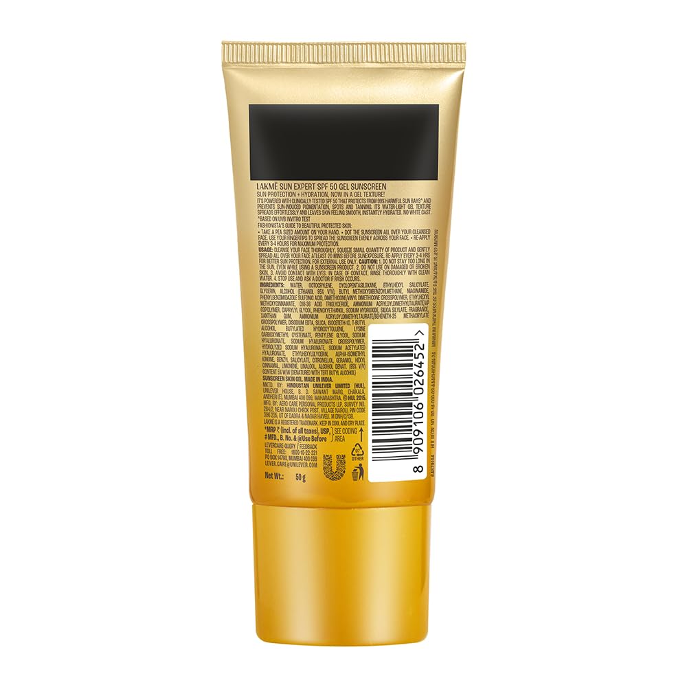LAKMÉ Sun Expert SPF 50 PA+++ Гель-солнцезащитный, Ниацинамид | Легкая текстура, как вода | Для жирной и комбинированной кожи | Нелипкий | Для всех типов кожи, Для UVA/B Pr
