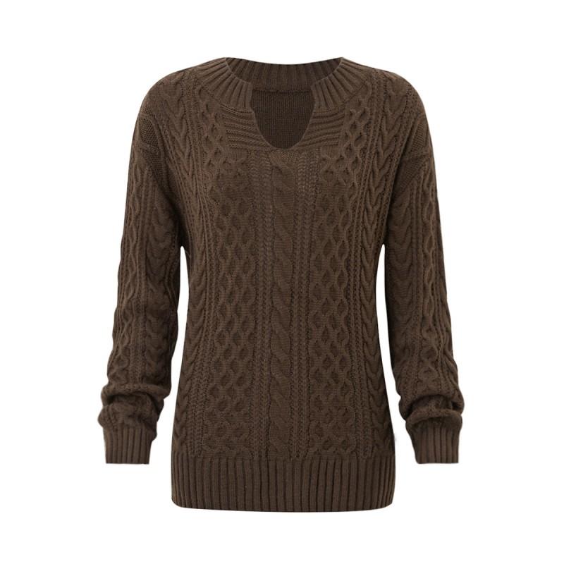 Womens V-Neck Knit Sweater With Cable Loose Fit Casual Pullover In Acrylic Winter