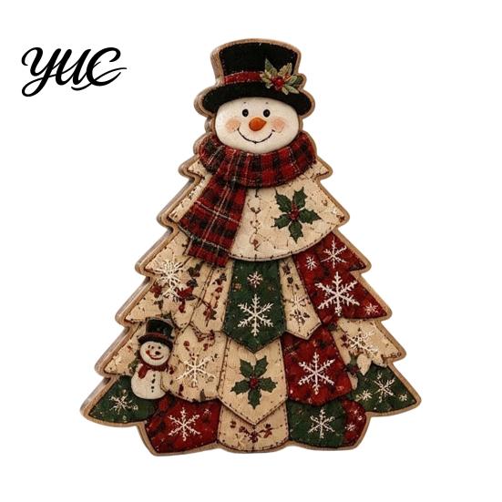 Indoor Holiday Window Ornament Quilted Christmas Tree Wooden Table Sign, 2D Flat Fabric Patchwork Pattern Desktop Vintage Plaid Decor Ornament, Rustic