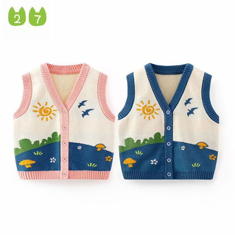 Children's Clothing Boys and Girls Pastoral Style Knitwear Baby Vest Vest Cardigan Spring and Autumn Cartoon Children's Vest Sweater