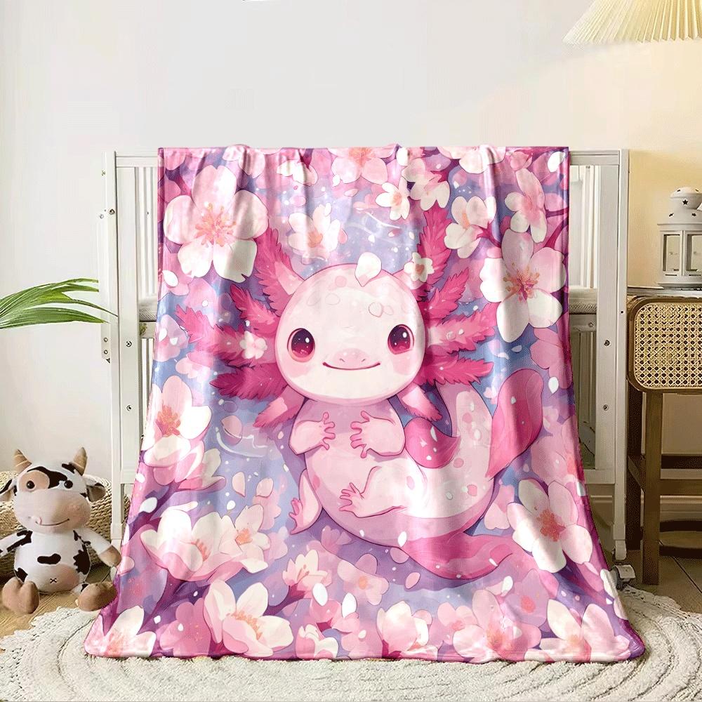A cute pink axolotl surrounded by blooming cherry blossoms. for all seasons blanket lunch break throw gift