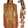 2 шт./комплект женский комплект бикини бюстгальтер на бретельках со шнуровкой трусы комплект металлическое соединение однотонный пляжный стиль купальники