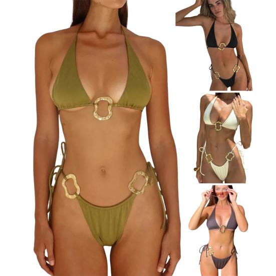 2 шт./комплект женский комплект бикини бюстгальтер на бретельках со шнуровкой трусы комплект металлическое соединение однотонный пляжный стиль купальники
