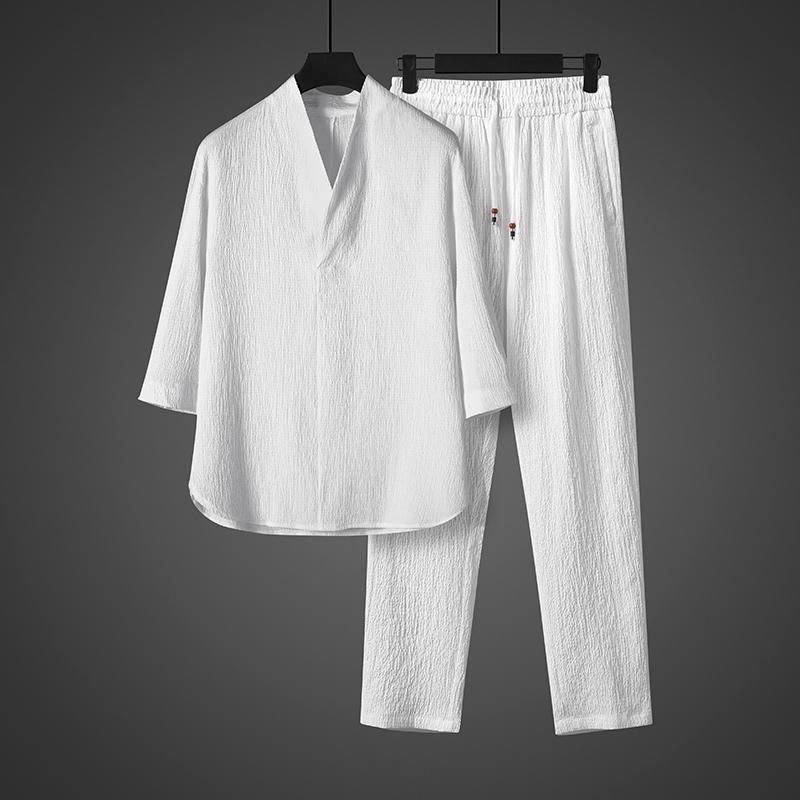 Летний модный тренд, однотонный дышащий двухкомпонентный мужской свободный спортивный костюм больших размеров из ледяного шелка