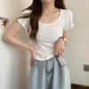 Irregular U-neck Short-sleeved T-shirt Women's Summer New Korean Version Slim-fitting High-waisted Short Student Solid-color Top