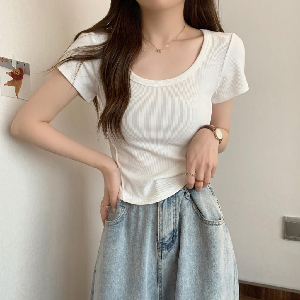 Irregular U-neck Short-sleeved T-shirt Women's Summer New Korean Version Slim-fitting High-waisted Short Student Solid-color Top