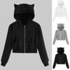Women Casual Solid Long Sleeve Zipper Pocket Shirt Cat Hooded Sweatshirt Tops