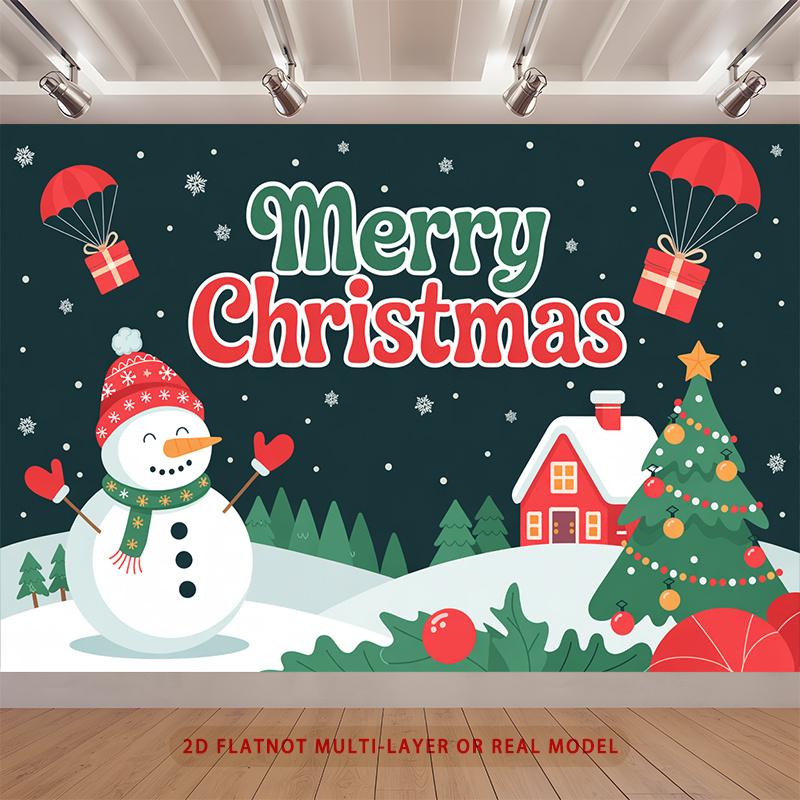 Party Backdrop Christmas Red Flat Merry Snowman Tree Multi Layered Celebrations Photo Background Decor Front Door Decor