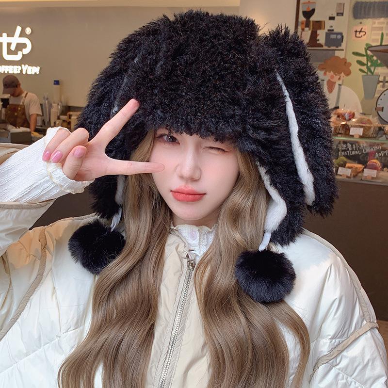 Зимняя утолщенная белая плюшевая шапка с мультяшными кроличьими ушками, женская, для уменьшения возраста, милая и симпатичная, с защитой ушей, теплая шапка-пуловер