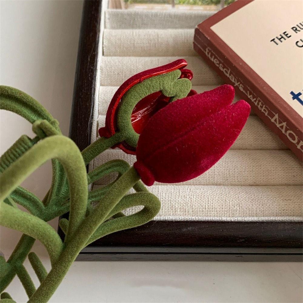 Clip Female Hair Accessories Red Velvet Hair Claw Korean Style Headwear Flocking Tulip Hair Clip