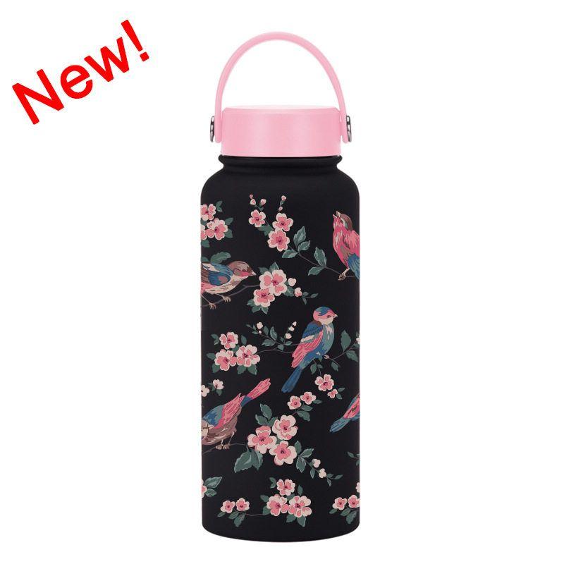 2025 New Model 1L Large Capacity Thermos Cup with Wide Mouth, Portable Handle, Sports Water Bottle, Outdoor Printed Water Cup for Women
