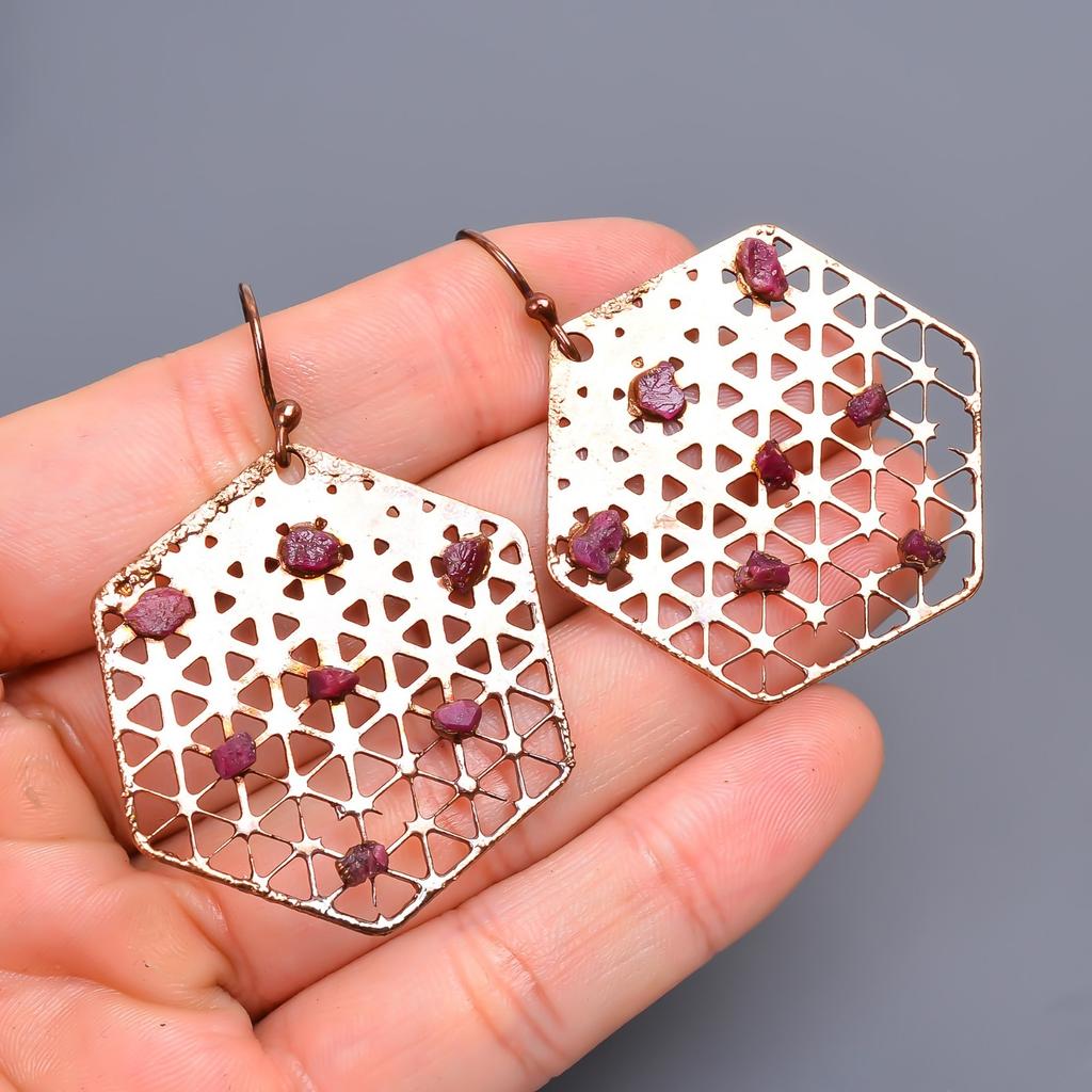 Серьги-подвески из меди с розовым рубином, гальванопластика, подарок для друга, ювелирные изделия V-45