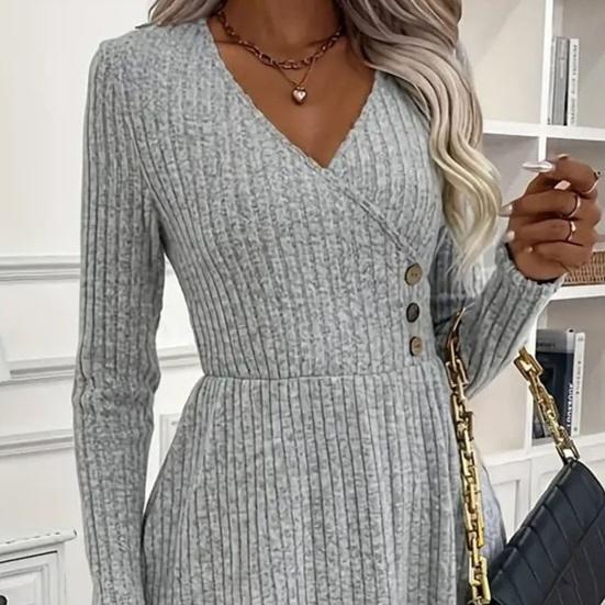 Autumn Winter Sweater Dress V Neck A-line Knitted Button Decor Patchwork Long Sleeves Big Hem Midi