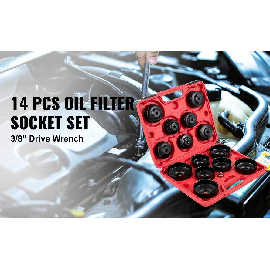 SucceBuy Oil Filter Socket Set 14 Pcs Wrench Set Sturdy Steel 3/8" Low Profile Oil Filter Set Easy Access Wrench Cap Set w/ Case