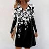 Women's Long-sleeved Casual Midi Dresses V-Neck Print  Casual Dress