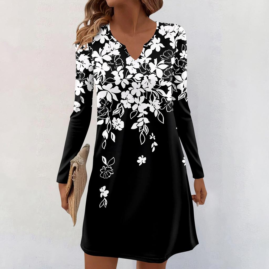 Women's Long-sleeved Casual Midi Dresses V-Neck Print Casual Dress